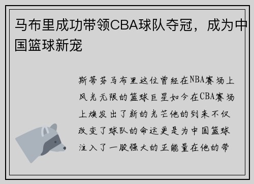 马布里成功带领CBA球队夺冠，成为中国篮球新宠