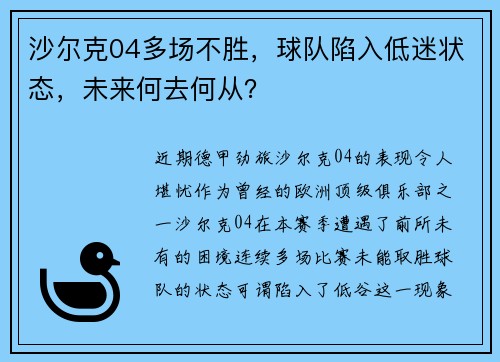 沙尔克04多场不胜，球队陷入低迷状态，未来何去何从？